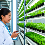 A professional agronomist, fully clothed in a modest lab coat, meticulously inspecting vibrant green leafy vegetables thriving in a sophisticated, vertical hydroponic system within a state-of-the-art indoor farm. The clean environment features advanced, closed-loop water circulation technology with visible transparent tubing and nutrient reservoirs, emphasizing exceptional water efficiency. The atmosphere is bright, sterile, and indicative of cutting-edge agriculture. perfect anatomy, correct proportions, natural pose, well-formed hands, proper finger count, natural body proportions, professional photography, high quality, sharp focus, clean image, safe for work, appropriate content, fully clothed, professional.