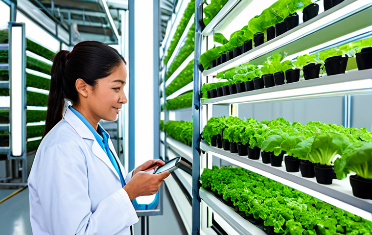 A professional agronomist, fully clothed in a modest lab coat, meticulously inspecting vibrant green leafy vegetables thriving in a sophisticated, vertical hydroponic system within a state-of-the-art indoor farm. The clean environment features advanced, closed-loop water circulation technology with visible transparent tubing and nutrient reservoirs, emphasizing exceptional water efficiency. The atmosphere is bright, sterile, and indicative of cutting-edge agriculture. perfect anatomy, correct proportions, natural pose, well-formed hands, proper finger count, natural body proportions, professional photography, high quality, sharp focus, clean image, safe for work, appropriate content, fully clothed, professional.