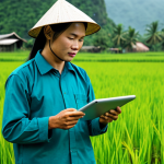**

"A Vietnamese farmer in a field, using a tablet to monitor a drone surveying crops, fully clothed in traditional work attire, safe for work, appropriate content, professional, perfect anatomy, natural proportions, lush green rice paddies in the background, IoT technology, family-friendly, high-quality photo."

**