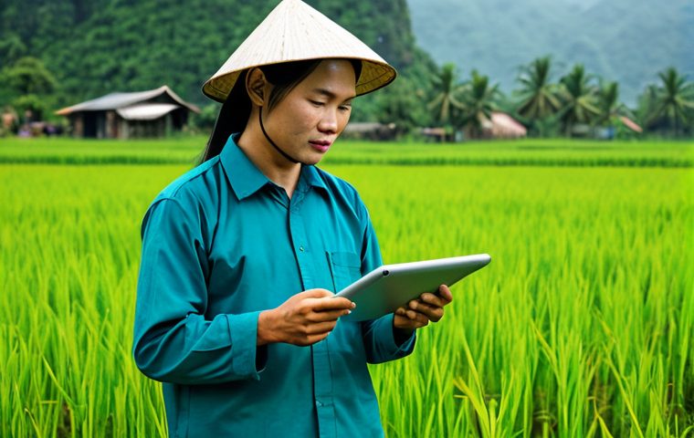 **

"A Vietnamese farmer in a field, using a tablet to monitor a drone surveying crops, fully clothed in traditional work attire, safe for work, appropriate content, professional, perfect anatomy, natural proportions, lush green rice paddies in the background, IoT technology, family-friendly, high-quality photo."

**