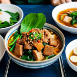 Modern Vietnamese Family Meal**

A vibrant, colorful family dinner scene in a modern Vietnamese home. The table is laden with dishes: cơm (rice), rau muống xào tỏi (stir-fried water spinach with garlic), canh chua (sour soup), and a main course featuring plant-based thịt kho tàu (braised "pork" in coconut water). Focus on happy, healthy-looking family members enjoying the meal. "Safe for work, appropriate content, fully clothed, professional, family-friendly." Include: "perfect anatomy, correct proportions, natural pose, well-formed hands, proper finger count, natural body proportions, high-quality, realistic."

**