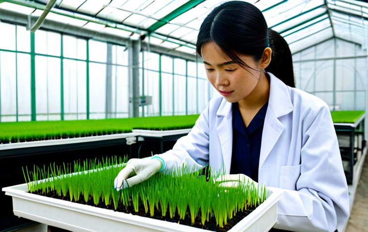 Modern Farming Innovation**

"A professional agricultural scientist in a modest lab coat, examining a healthy rice plant seedling in a high-tech greenhouse, surrounded by advanced monitoring equipment, fully clothed, appropriate attire, safe for work, perfect anatomy, natural proportions, professional photography, high quality, showcasing sustainable agriculture techniques in Vietnam."

**